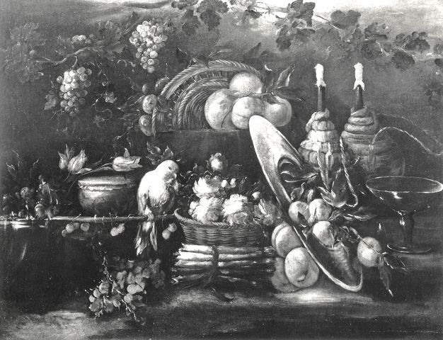 Anonimo — Marchioni Elisabetta (?) - sec. XVII - Natura morta con frutta, fiori, pappagallo, vasellame e fiaschi — insieme